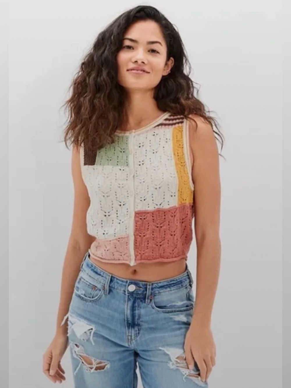 American Eagle AE Patchwork Button-Up Sweater Vest